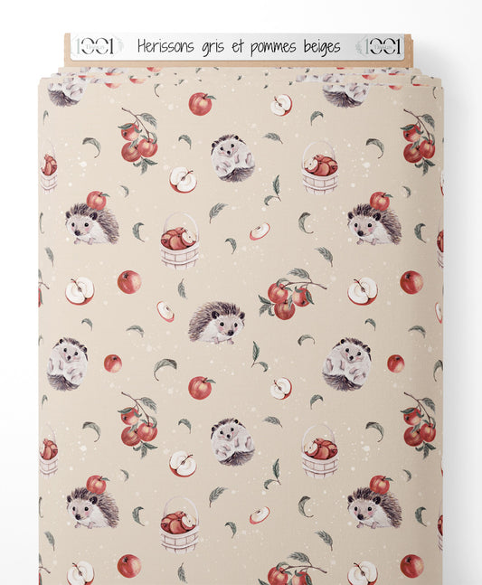 Tissu - Hérissons gris et pommes beiges