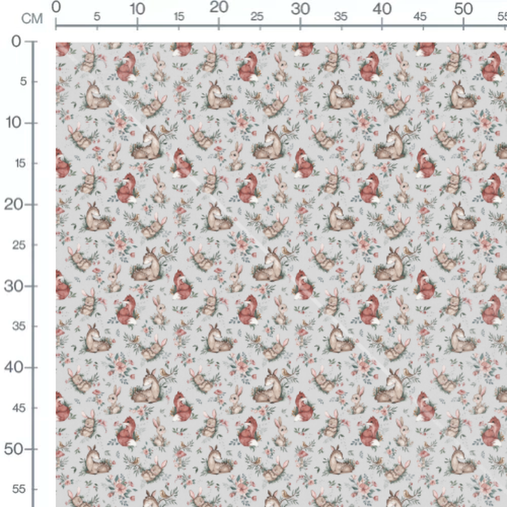 Tissu - Lapins et oiseaux sur gris clair