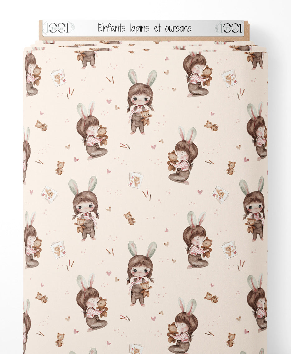 Tissu - Enfants lapins et oursons