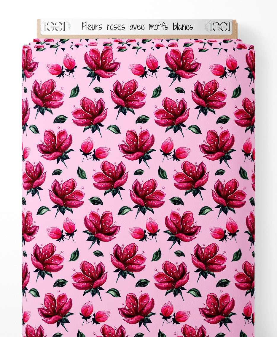 Tissu - Fleurs roses avec motifs blancs