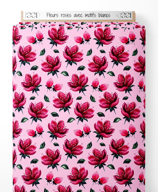 Tissu - Fleurs roses avec motifs blancs