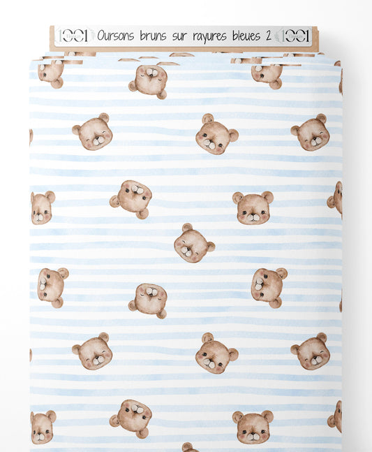 Tissu - Oursons bruns sur rayures bleues 2