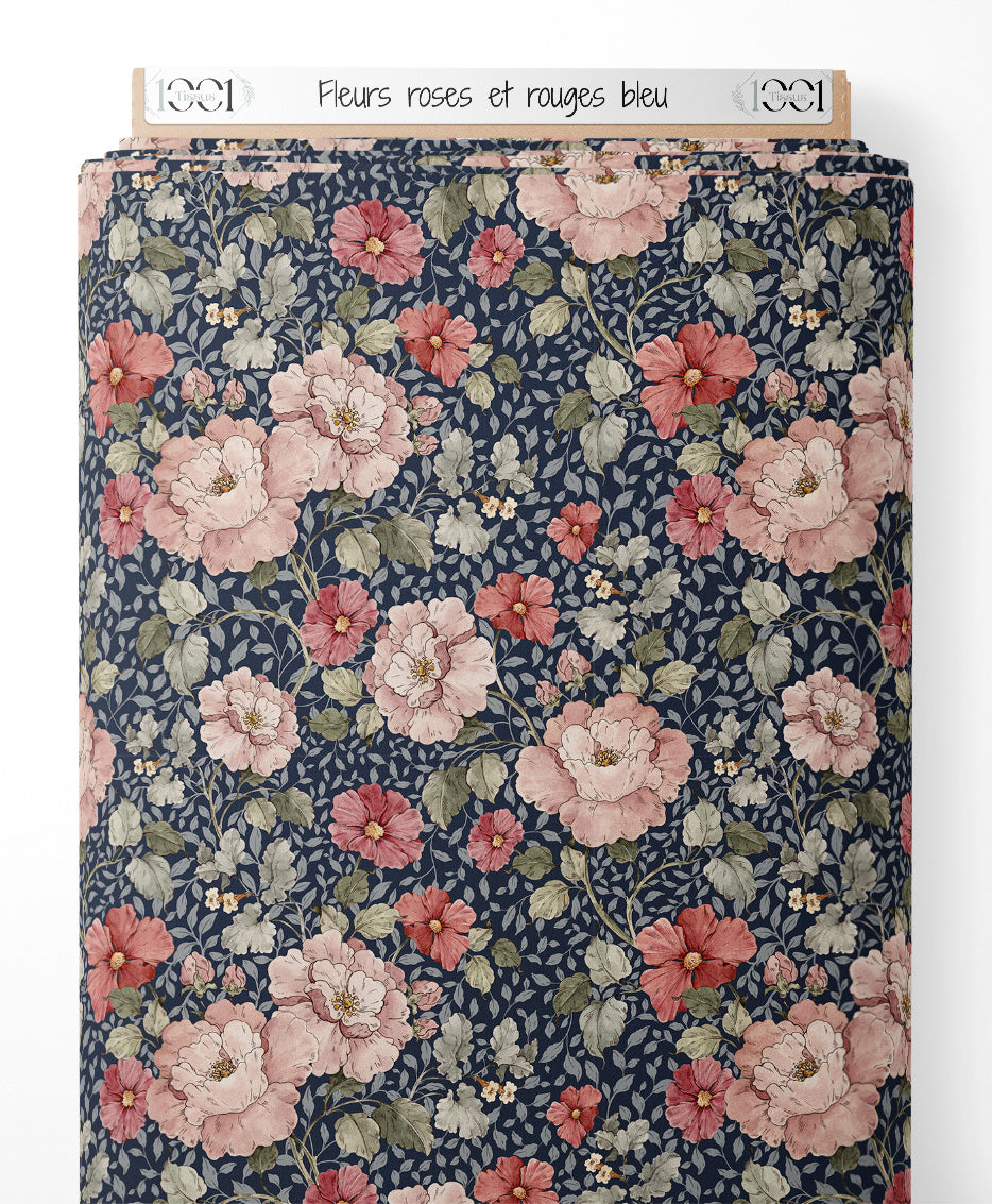 Tissu - Fleurs roses et rouges bleu