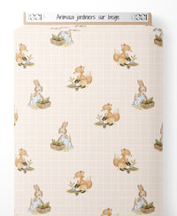Tissu - Animaux jardiniers sur beige