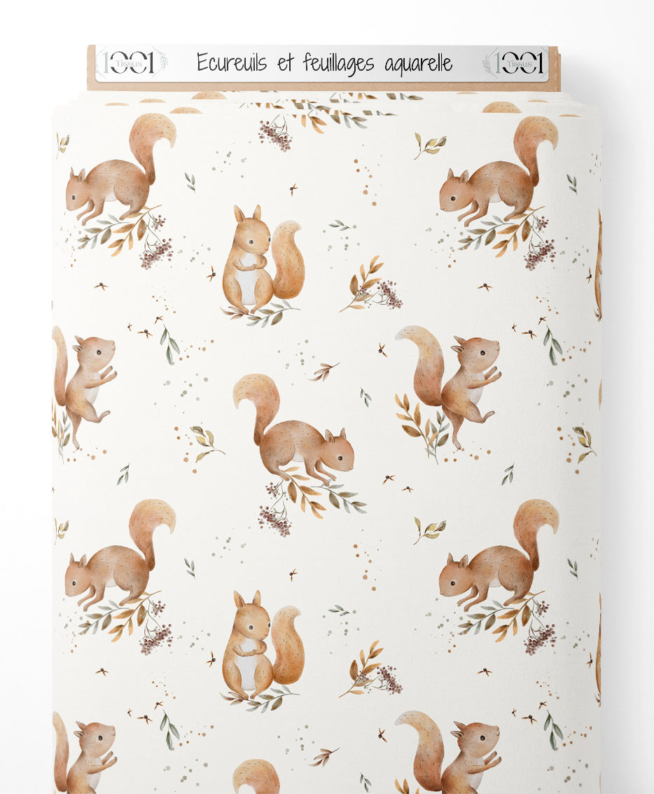 Tissu - Écureuils et feuillages aquarelle