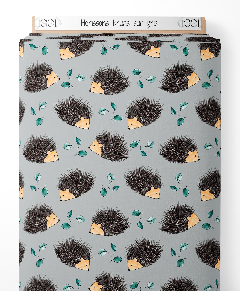 Tissu - Hérissons bruns sur gris