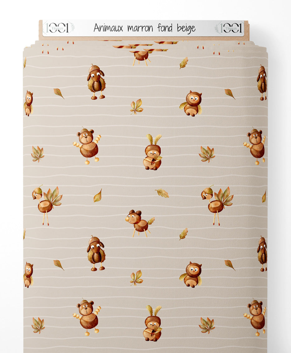 Tissu - Animaux marron sur fond beige