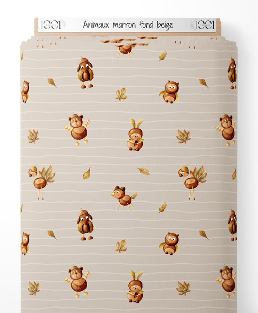 Tissu - Animaux marron sur fond beige