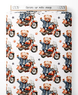Tissu - Oursons sur motos orange