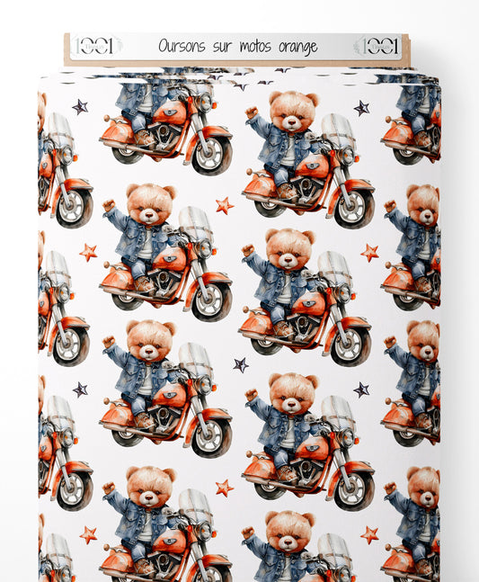 Tissu - Oursons sur motos orange