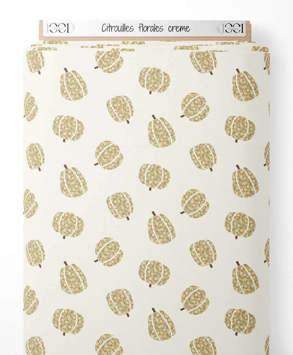 Tissu - Citrouilles florales crème
