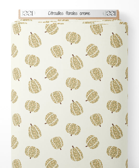 Tissu - Citrouilles florales crème