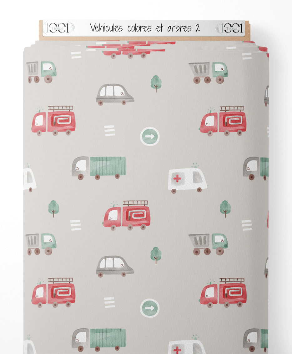 Tissu - Véhicules colorés et arbres 2