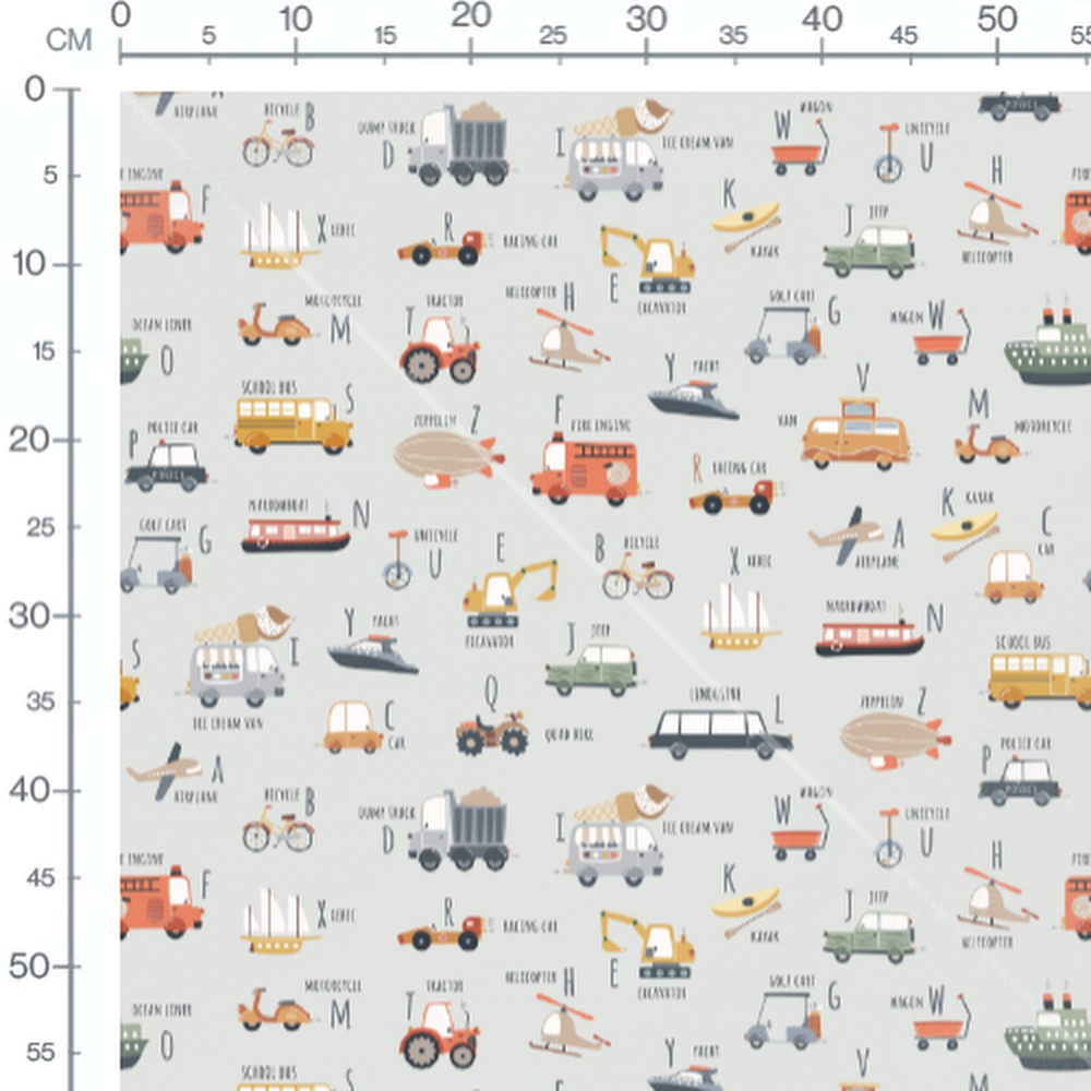 Tissu - Véhicules colorés sur gris