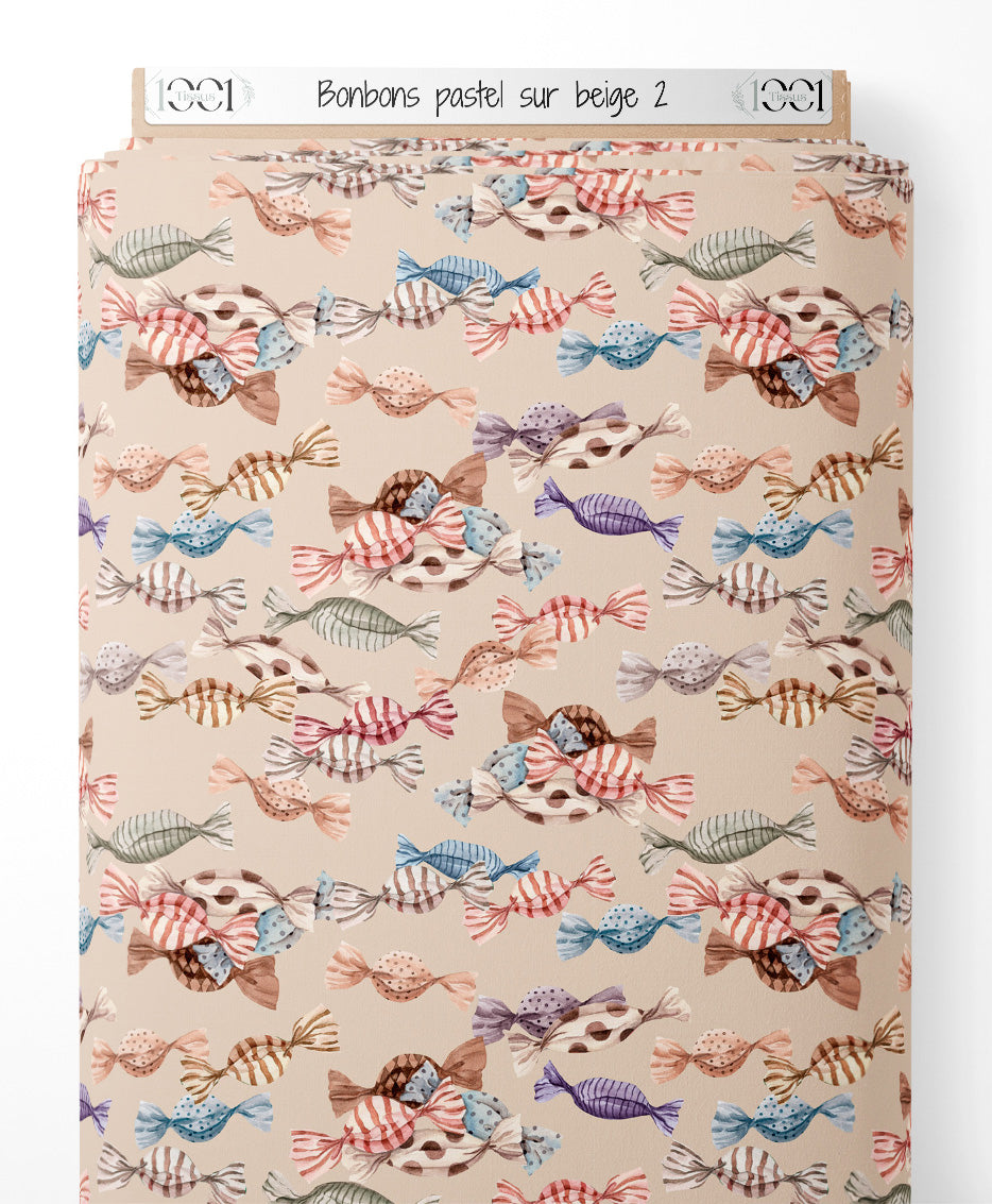 Tissu - Bonbons pastel sur beige 2