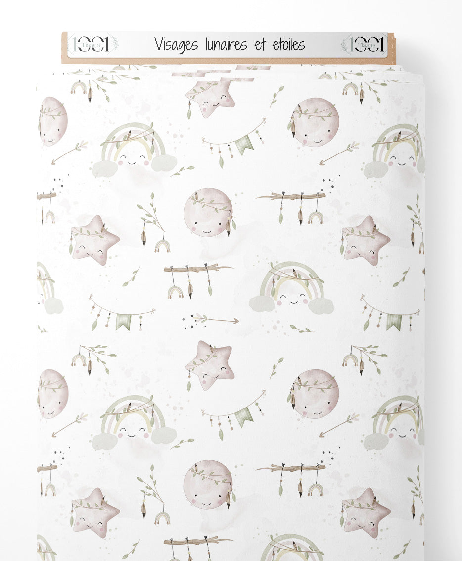 Tissu - Visages lunaires et étoiles