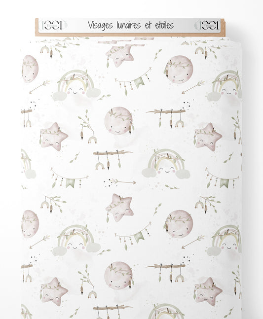 Tissu - Visages lunaires et étoiles