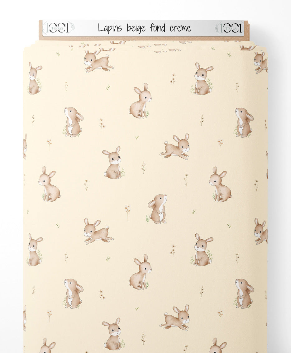Tissu - Lapins beige sur fond crème