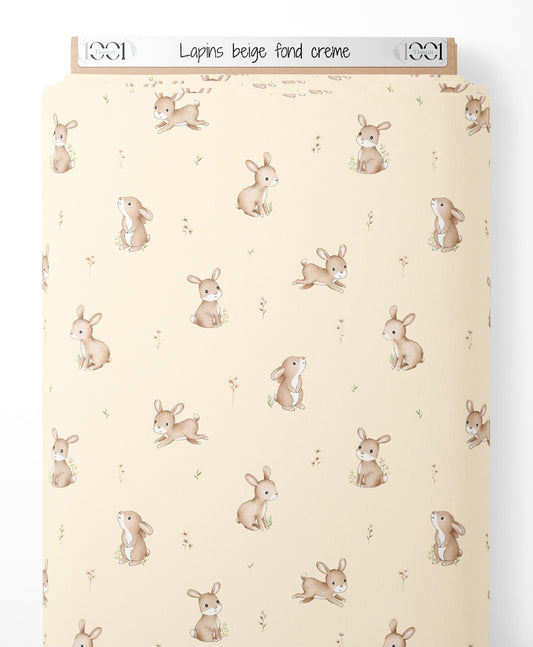 Tissu - Lapins beige sur fond crème