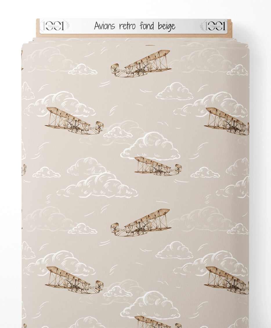 Tissu - Avions rétro sur fond beige