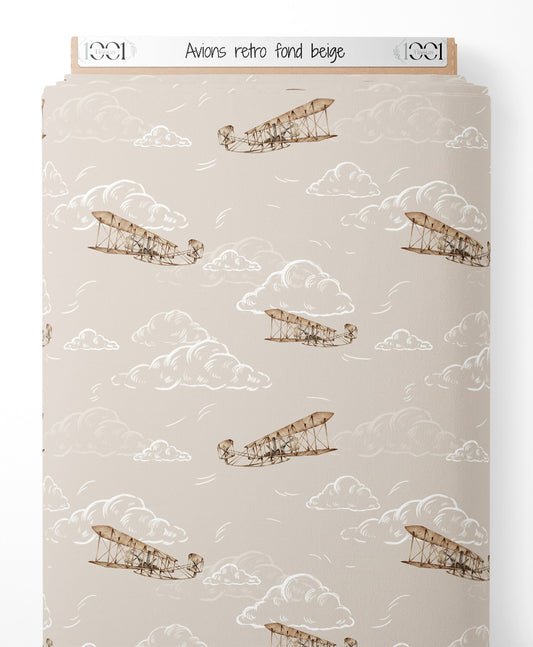 Tissu - Avions rétro sur fond beige