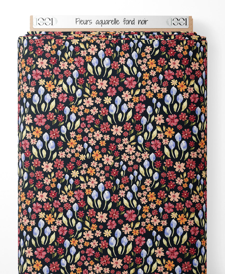 Tissu - Fleurs aquarelle sur fond noir