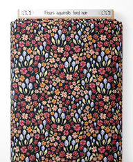 Tissu - Fleurs aquarelle sur fond noir