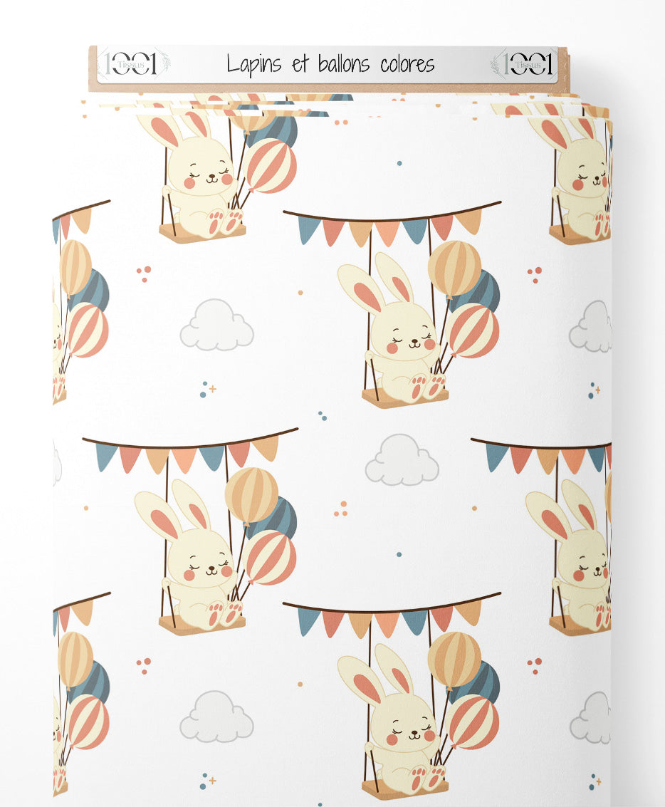 Tissu - Lapins et ballons colorés