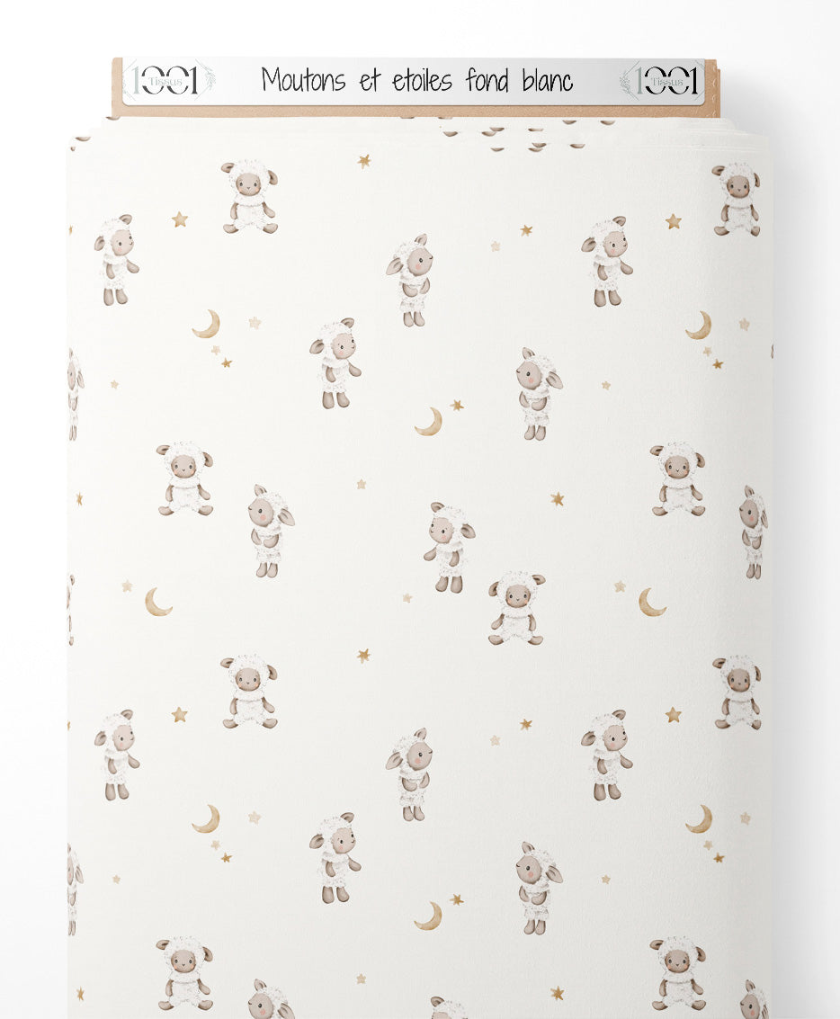 Tissu - Moutons et étoiles sur fond blanc