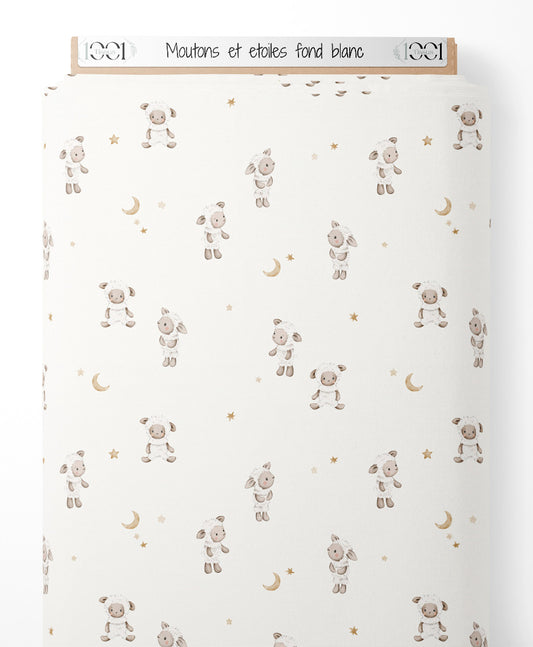 Tissu - Moutons et étoiles sur fond blanc