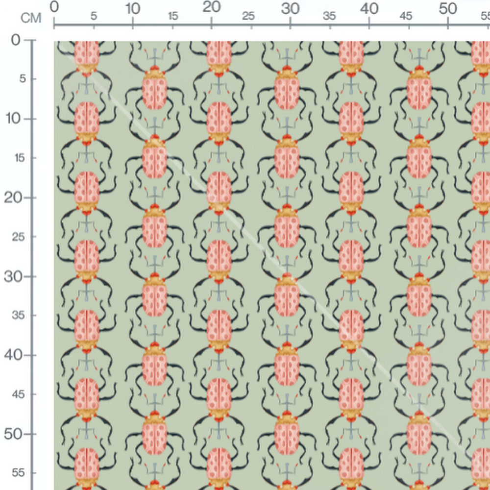 Tissu - Coléoptères roses sur vert