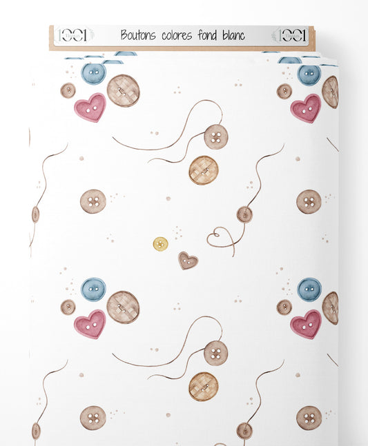 Tissu - Boutons colorés sur fond blanc