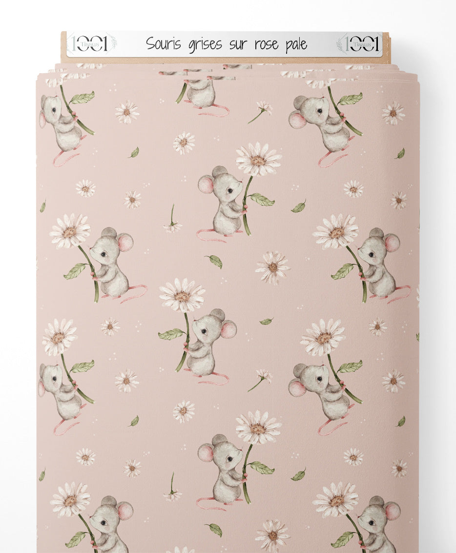 Tissu - Souris grises sur rose pâle