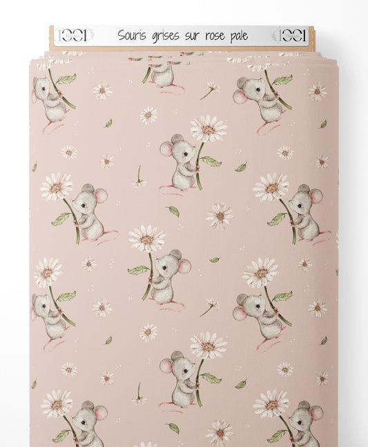 Tissu - Souris grises sur rose pâle