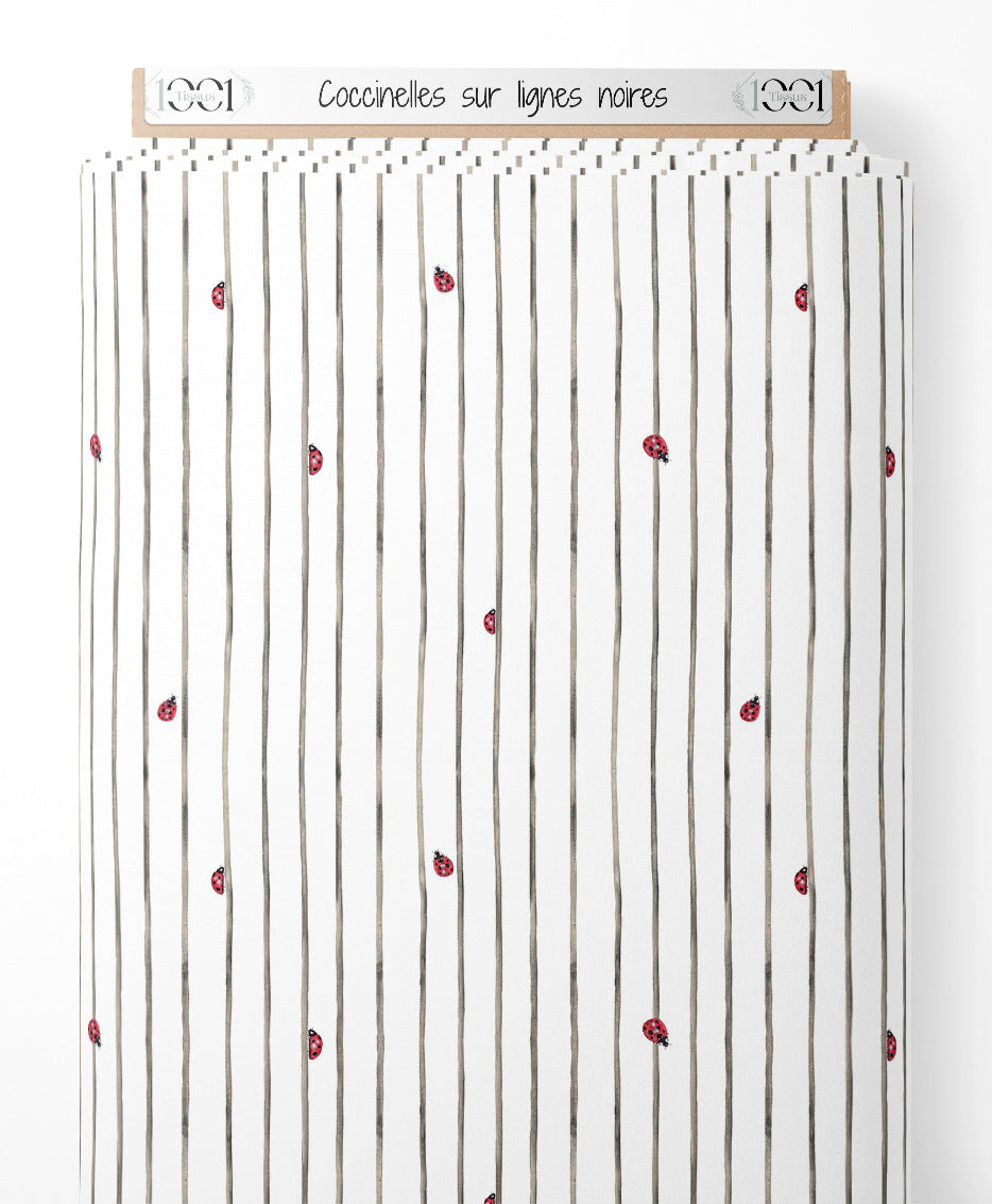 Tissu - Coccinelles sur lignes noires