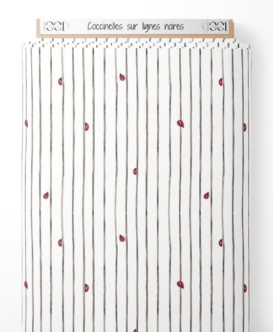 Tissu - Coccinelles sur lignes noires
