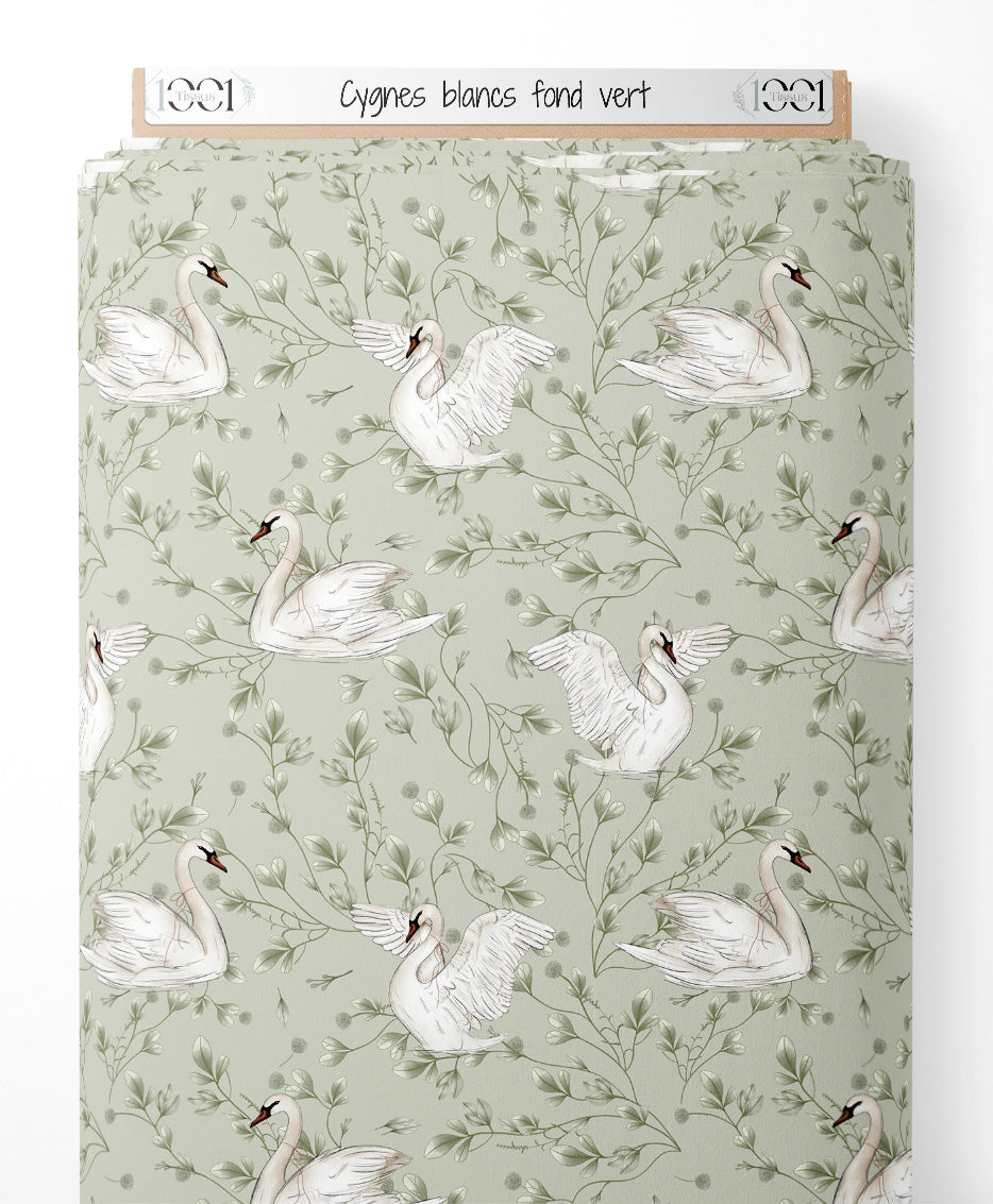 Tissu - Cygnes blancs sur fond vert