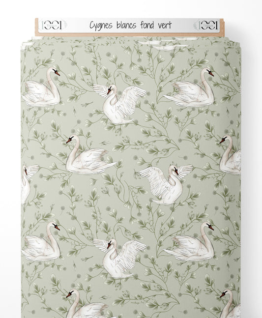 Tissu - Cygnes blancs sur fond vert
