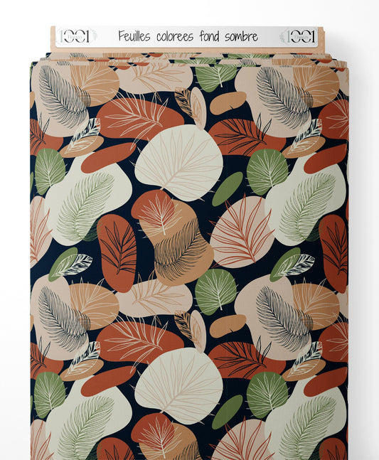 Tissu - Feuilles colorées sur fond sombre