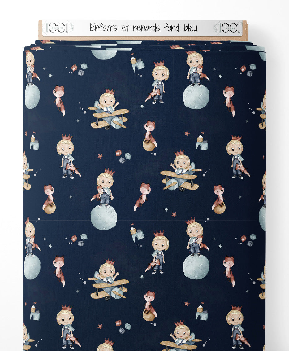 Tissu - Enfants et renards sur fond bleu