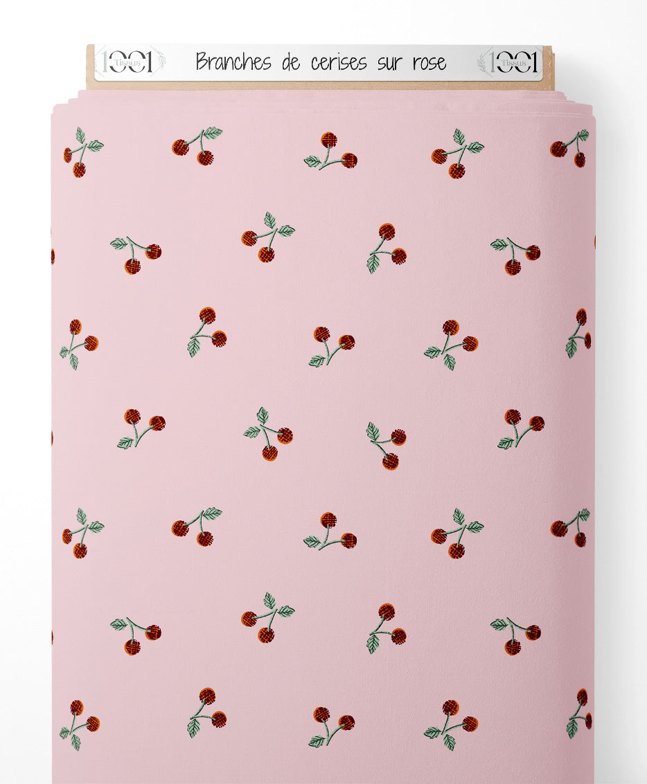 Tissu - Branches de cerises sur rose