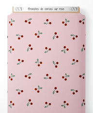 Tissu - Branches de cerises sur rose