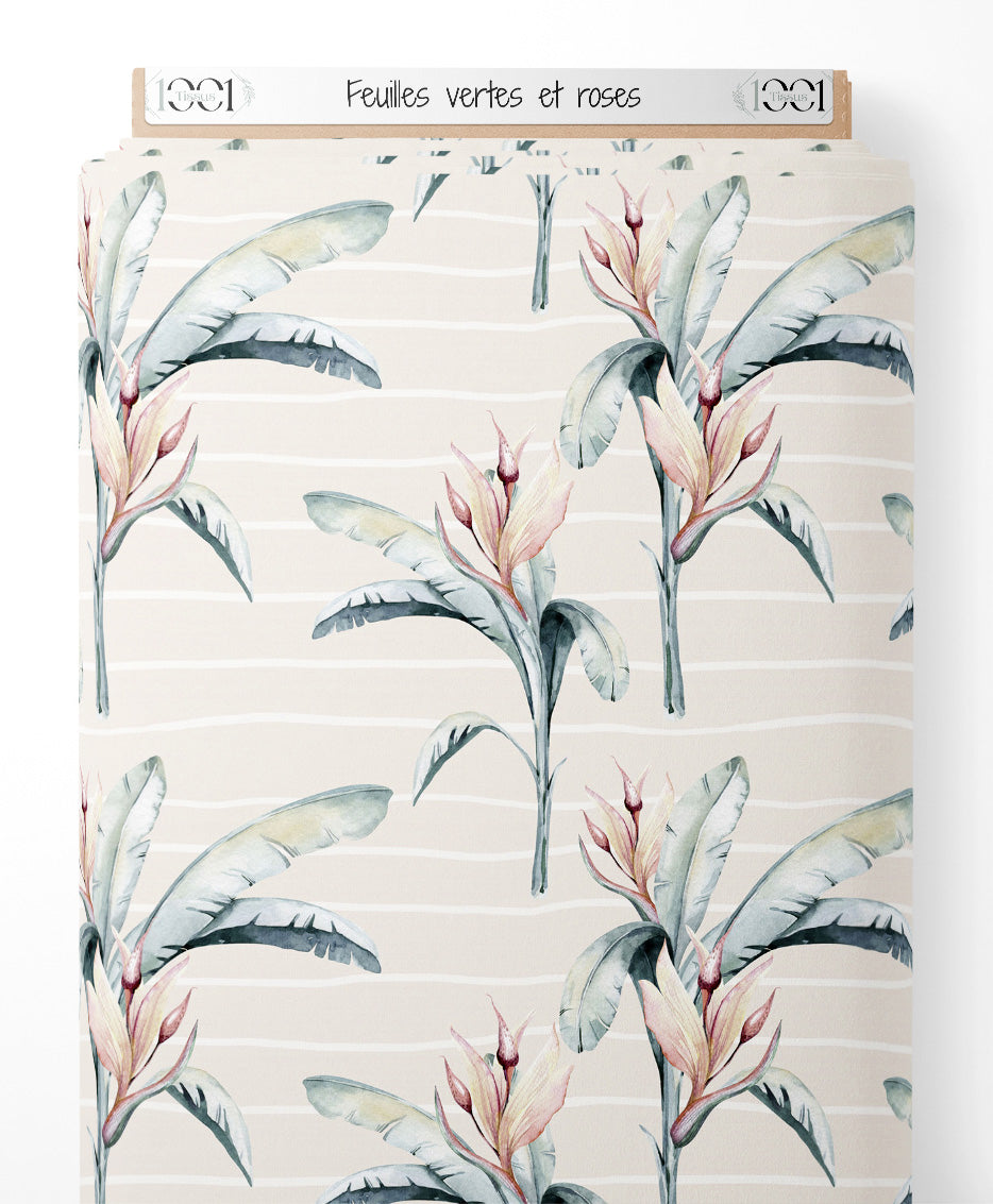 Tissu - Feuilles vertes et roses