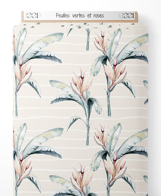 Tissu - Feuilles vertes et roses