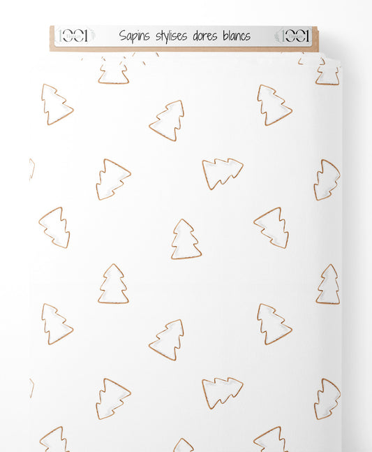 Tissu - Sapins stylisés dorés blancs