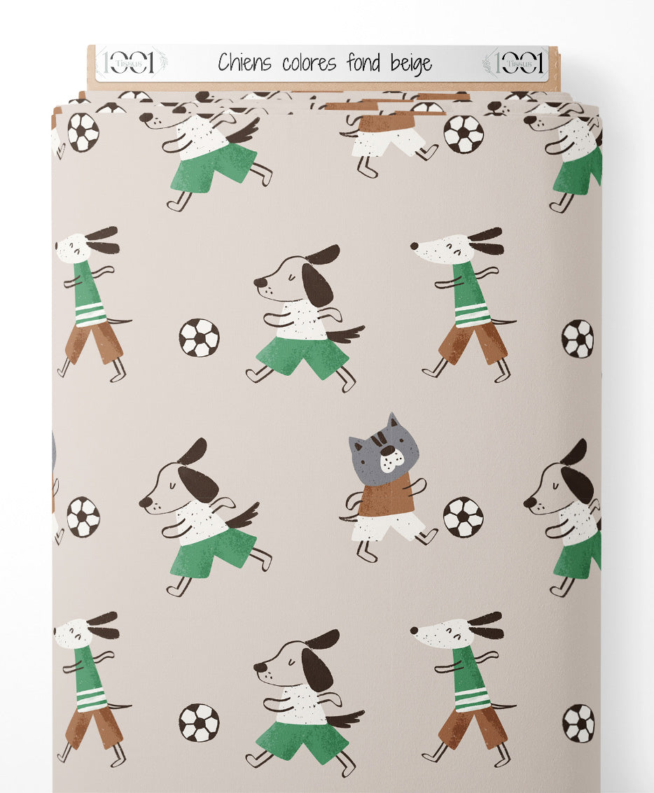 Tissu - Chiens colorés sur fond beige