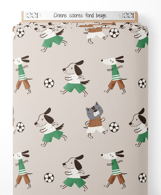 Tissu - Chiens colorés sur fond beige