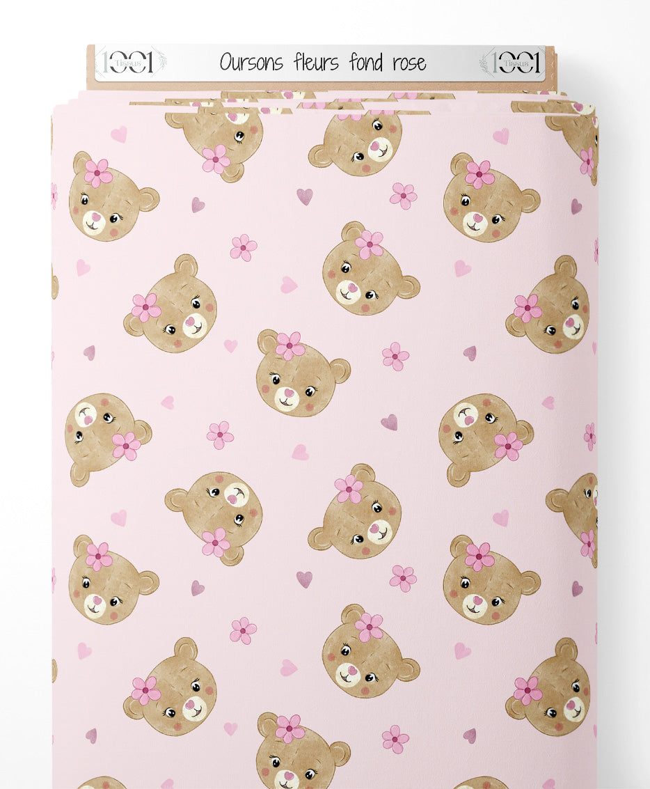 Tissu - Oursons fleurs fond rose