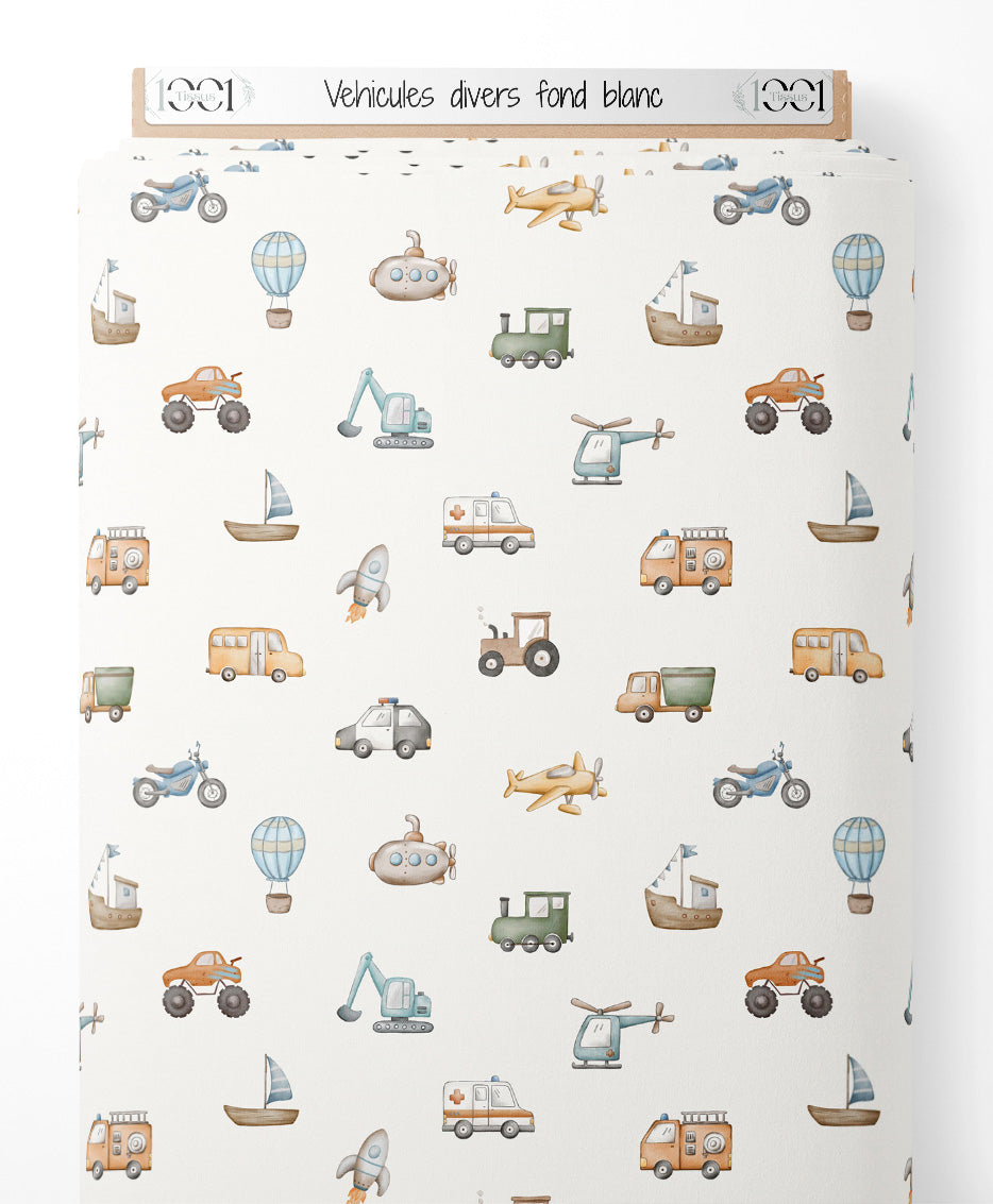 Tissu - Véhicules divers sur fond blanc