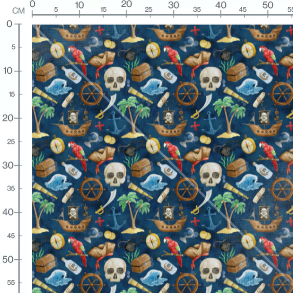 Tissu - Motifs pirates sur fond bleu